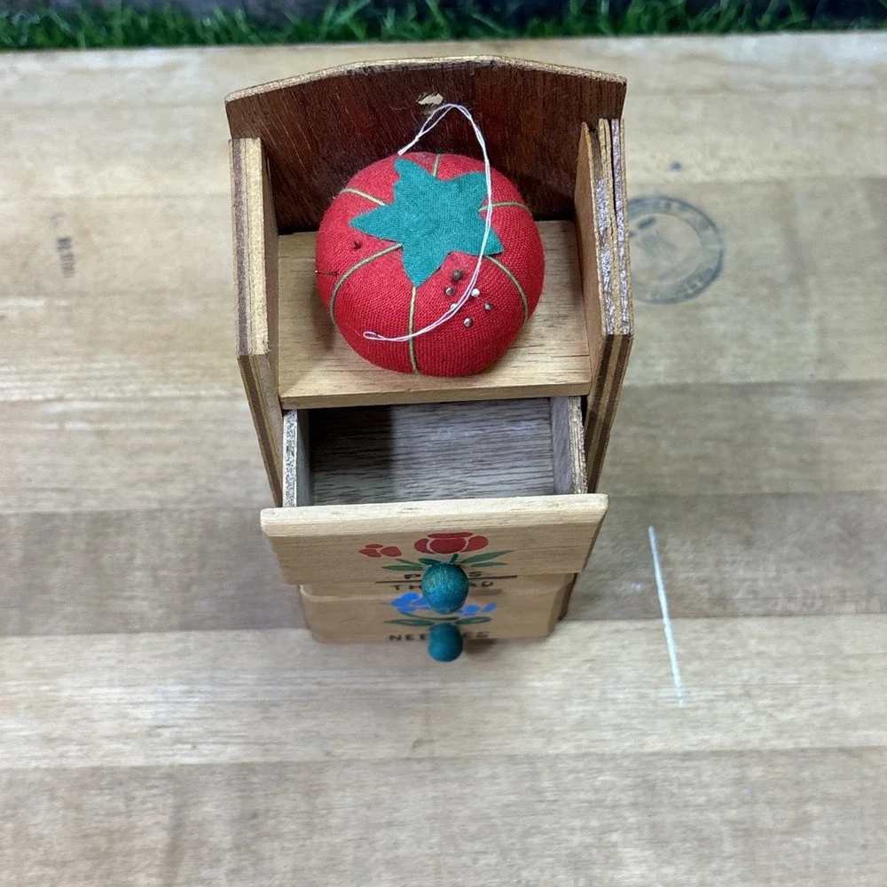 Vintage Wooden Sewing Caddy 3 Drawer Organizer Tomato Pincushion Retro